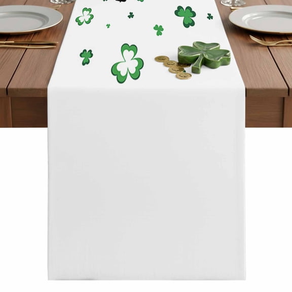 St Patrick's Table Runner 13 x 48 Inch, Day Kiss Me I'm Irish Shamrock Dwarf White Background Washable Cotton Linen Dining Table Runner Tabletop Decorations for Restaurant Home Kitchen Party