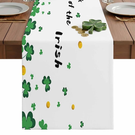 St. Patrick's Table Runner 13 x 48 Inch, Day Luck of The Irish Truck Shamrock Gnome White Background Washable Cotton Linen Dining Table Runner Tabletop Decorations for Restaurant Home Kitchen Party