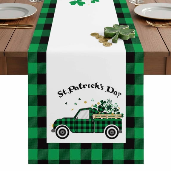 St. Patrick's Table Runner 14 x 72 Inch, Day Green Buffalo Plaid Lucky Shamrock Truck Washable Cotton Linen Dining Table Runner Tabletop Decorations for Restaurant Home Kitchen Party