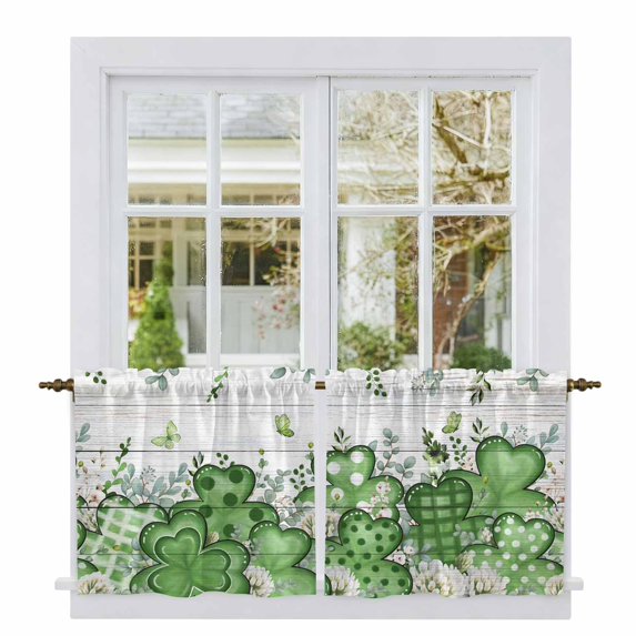 St. Patrick's Tier Curtains 24 Inch Length, Luck Shamrock Eucalyptus Leaves Flowers Grey Wooden Cafe Short Curtains for Bathroom Sink, Kitchen Curtain Light Filtering Drapes 2 Panels 27.5"Wx24"L