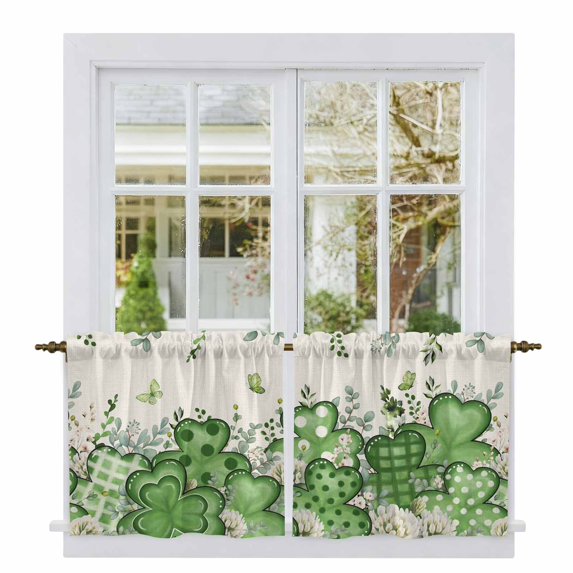 St. Patrick's Tier Curtains 36 Inch Length, Luck Shamrocks Eucalyptus Leaves Flowers Vintage Cafe Short Curtains for Bathroom Sink, Small Kitchen Curtain Light Filtering Drapes 2 Panels 27.5"Wx36"L