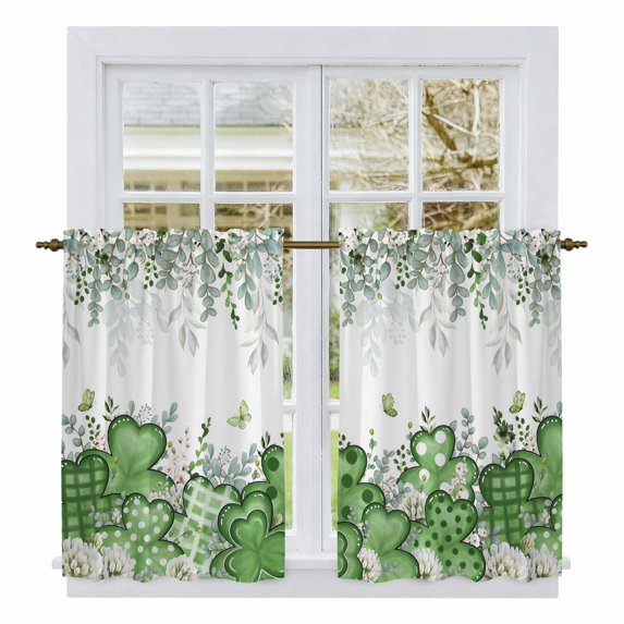 St. Patrick's Tier Curtains 54 Inch Length, Luck Shamrock Eucalyptus Leaves Flowers Plants Cafe Short Curtains for Bathroom Sink, Small Kitchen Curtain Light Filtering Drapes 2 Panels 27.5"Wx54"L