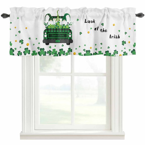 St. Patrick's Valances for Windows Day Luck of The Irish Truck Shamrock Gnome White Background Rod Pocket Curtain Valance Window Treatment Short Curtains for Kitchen Living Room, 60"x14"