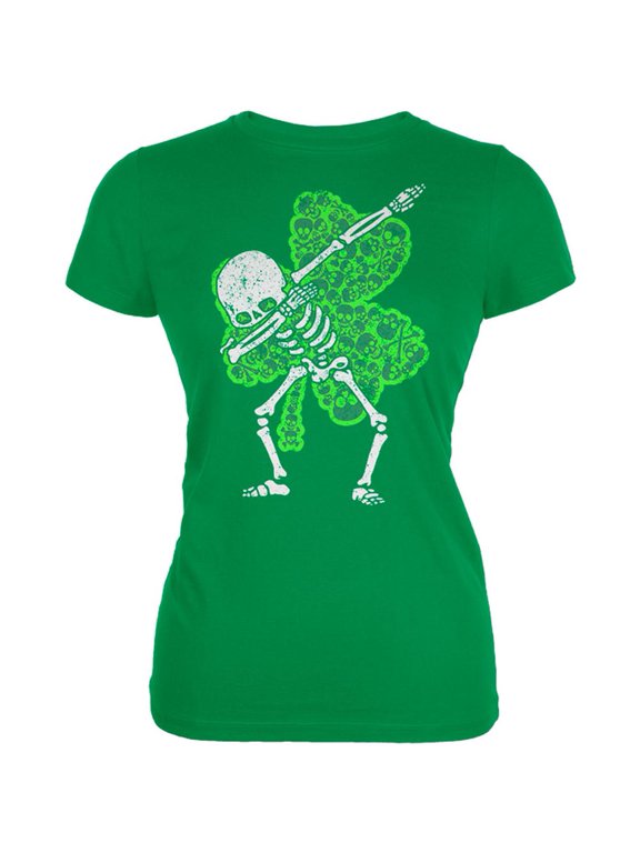 St Patricks Dabbing Skeleton Shamrock Skulls Juniors Soft T Shirt Irish Green X-LG