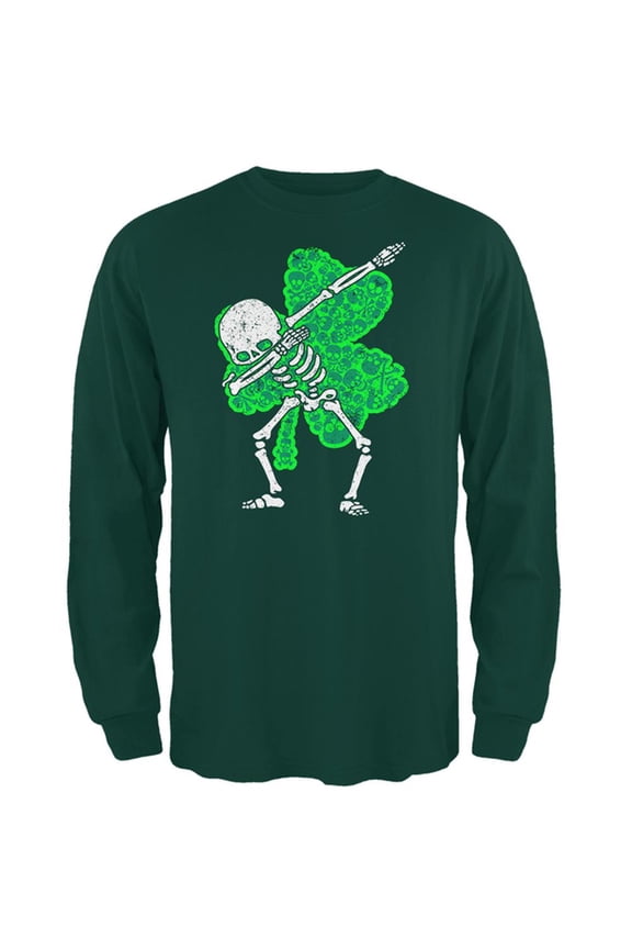 St Patricks Dabbing Skeleton Shamrock Skulls Mens Long Sleeve T Shirt Forest Green MD