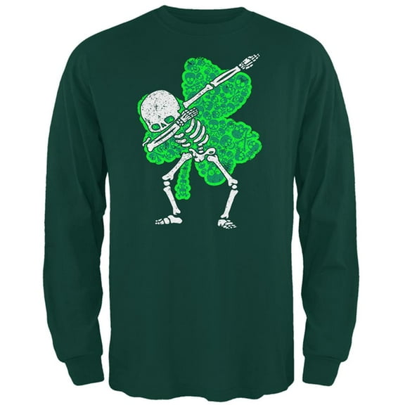 St Patricks Dabbing Skeleton Shamrock Skulls Mens Long Sleeve T Shirt Forest Green X-LG