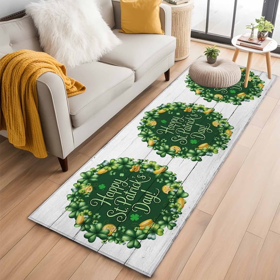 St Patricks Day 2'x6' Runner Rugs for Hallway Kitchen Bedside Non Slip, Spring Gold Coin Green Shamrock Wooden Grain Entryway Rug Runners with Rubber Backing, Long Carpet Runner for Laundry Room