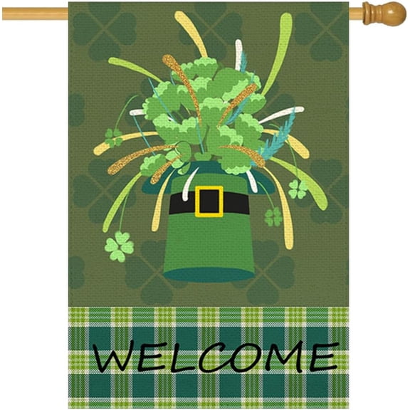 St Patricks Day 28x40 Double Sided, Outdoor Saint Patrick''s Farmhouse Decorations, Shamrock Top Hat Large Garden Flag for Outside Green13-28