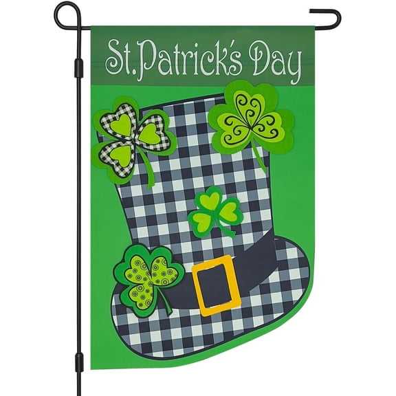 St. Patricks Day 3D Garden Flag Blackout Double Sided 12×18 Inch,Saint Patricks Green Lucky Shamrock Buffalo Plaid Hat Sign Small Flags Holiday Outdoor Yard Decoration