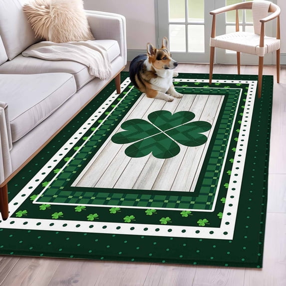 St Patricks Day Area Rug 4'x6', Green Shamrock Farmhouse Wooden Grain Washable Non-Slip Rugs, Low Pile Large Carpet for Living Room Bedroom Dining Room Kitchen Office Indoor Mat
