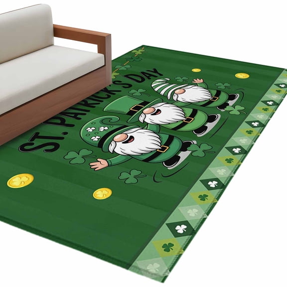 St Patricks Day Area Rugs Collection 3'x5', Gnomes Green Shamrock Spring Gold Coin Striped Non Slip Indoor Rectangle Throw Runner Rug Floor Mat Carpet for Living Room Dining Table Bedroom Nursery