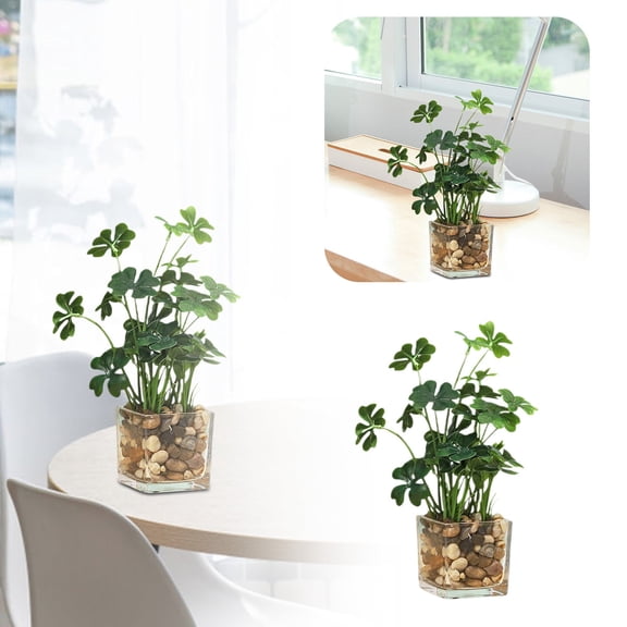 St Patricks Day Artificial Shamrock Plant, Potted Fake Clover Greenery with Glass Vase & River Rocks, St Patricks Day Decorations for Home Office Tabletop Decor, 9.8 Inch, Green