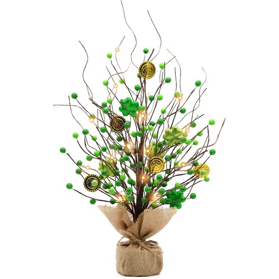 St Patricks Day Artificial Tree Decorations St.Patricks Day Decorations St Patricks Day Tabletop Centerpieces 20" H Saint Patricks Day Lighted Tree with 20 LEDs, Shamrock&Gold Coins Irish Decor