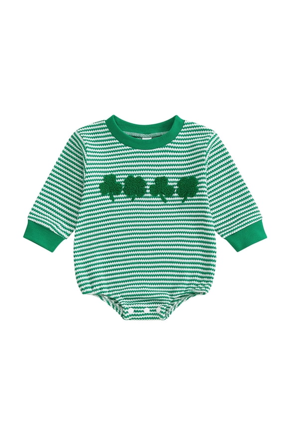 St Patricks Day Baby Boy Outfit Waffle Shamrock Onesie Sweatshirt Bubble Romper Top Spring Clothes