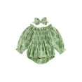 thumbnail image 1 of St Patricks Day Baby Girl Outfit Clover Print Smocked Bubble Romper Jumpsuits with Headband 0 3 6 12 18 Months Cotton Spring Clothes, 1 of 8