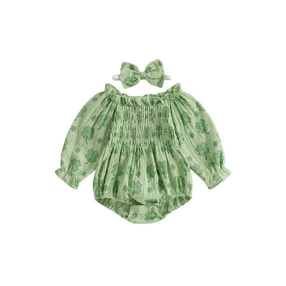 St Patricks Day Baby Girl Outfit Clover Print Smocked Bubble Romper Jumpsuits with Headband 0 3 6 12 18 Months Cotton Spring Clothes