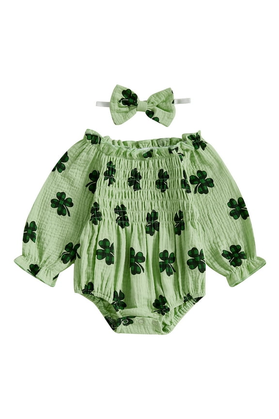 St Patricks Day Baby Girl Outfit Clover Print Smocked Bubble Romper Jumpsuits with Headband 0 3 6 12 18 Months Cotton Spring Clothes