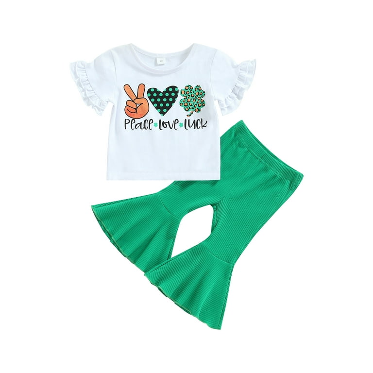 St. Patricks Day Baby Girl Outfit Lucky Charm T Shirt Tops Clover Flared  Pants Headband 3Pcs Clothes Set 