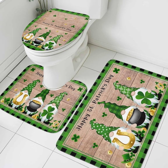 St. Patricks Day Bathroom Rug Sets 3 Piece, Non Slip Bath Mat, Green Gnomes Shamrocks Gold Coin Plaid Absorbent Floor Mats Bath Rugs with U-Shaped Contour Rug Toilet Lid Cover Bathroom Decor Small