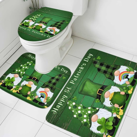 St. Patricks Day Bathroom Rug Sets 3 Piece, Non Slip Bath Mat, Shamrock Gnomes Gold Coin Green Wood Absorbent Floor Mats Bath Rugs with U-Shaped Contour Rug Toilet Lid Cover Bathroom Decor Small