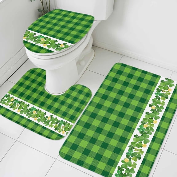 St. Patricks Day Bathroom Rugs Mat Sets 3 Piece, Shamrock Grasses Green Plaid Bath Shower Rugs with U-Shaped Contour Toilet Mat, Small Absorbent Bathtub Runner Rugs Floor Mats