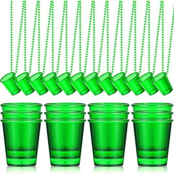 St Patricks Day Beads Necklace with Shot Glasses,12 Pieces Plastic Shot Glass Necklaces ,Fun Halloween Birthday Party Essentials for Everyone