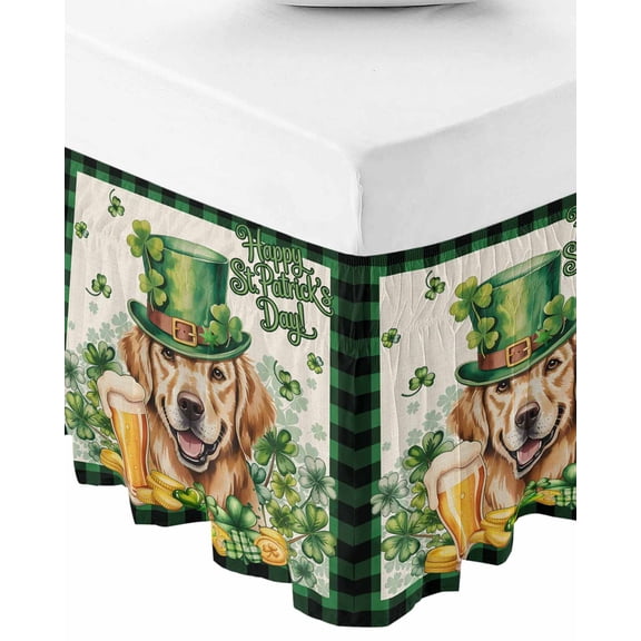 St Patricks Day Bed Skirt King Size 18 Inch Drop, Wrap Around Bed Skirts, Farmhouse Watercolor Dogs Green Shamrock Elastic Bedskirt Pleated Bed Frame Cover Luxurious Dust Ruffle for King Bed