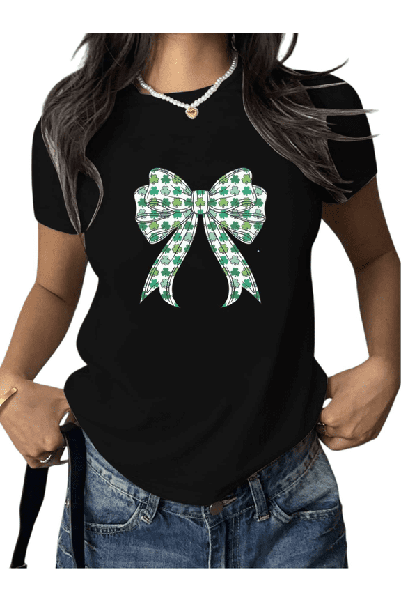 St Patricks Day Black Clover Pattern Bow Graphic Tees Shirts softness Tops Short Sleeve Round Neck Black S-5XL