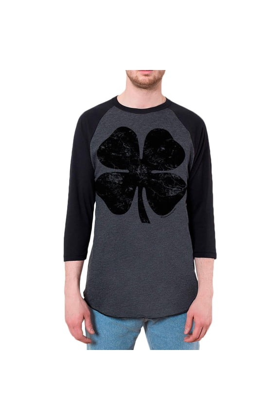 St Patricks Day Black Irish Distressed Shamrock Mens Raglan T Shirt Heather Black-Black SM