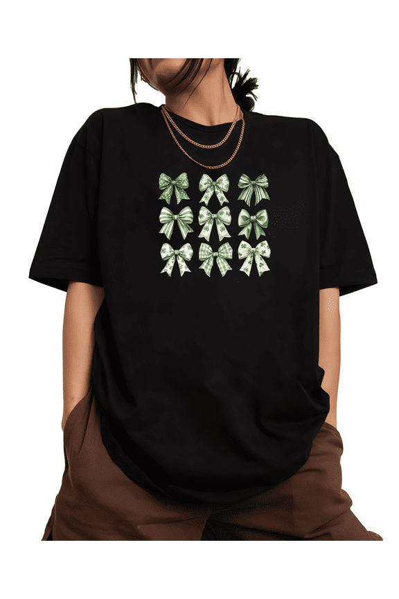 St Patricks Day Black Patterned Bow Clover Graphic Tees Shirts Tops Breathable Short Sleeve Round Neck Black S-5XL