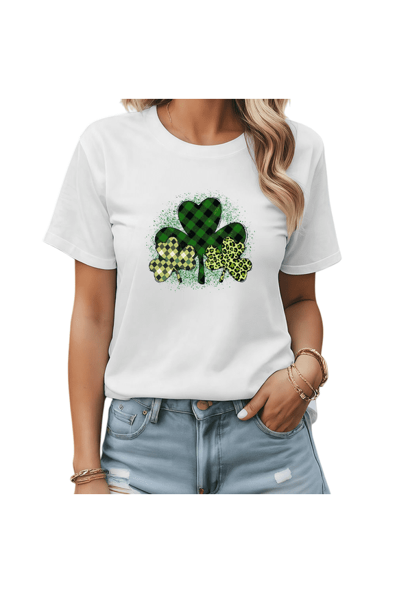 St Patricks Day Black Plaid Leopard Clover Graphic Effortless Everyday Tees Shirts Tops Casual Short Sleeve White S-5XL