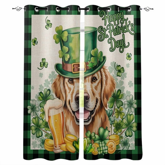 St Patricks Day Blackout Curtains for Bedroom Living Room Darkening Curtains 54 Inch Long Farmhouse Watercolor Dogs Green Shamrock Short Curtain for Small Window Treatment Grommet Drapes 42"x54"x2