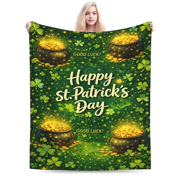 St Patricks Day Blanket Gift Throw Blanket Cozy Soft Lucky Clover Pot of Gold Pattern Home Decor Gift 50x40
