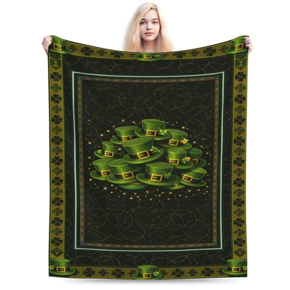 St Patricks Day Blanket Gift Throw Blanket Cozy Soft Lucky Shamrock Irish Hat Pattern Blanket Home Decor Gift for Family Friends 50x40