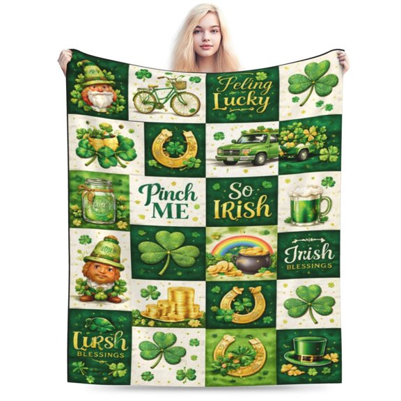 St Patricks Day Blanket Lucky Irish Shamrock Clover Throw Blanket Green Holiday Cozy Blanket Leprechaun Gold Pot Gift Home Decor 60x50