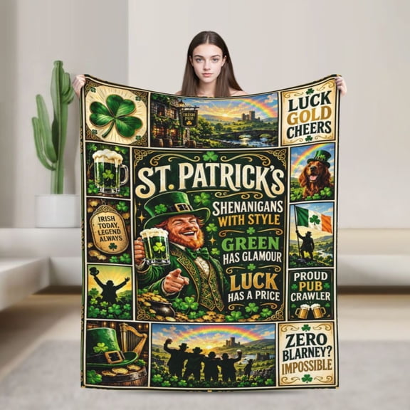 St Patricks Day Blanket Lucky Shamrocks Leprechaun Artwork Gift for Irish Heritage Lovers 50x40 in