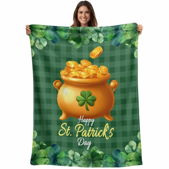 St Patricks Day Blanket Soft Cozy Warm Twin Blanket for Bed, Plush Fuzzy Flannel Fleece Blankets for Sofa, Gold Coin Green Shamrock Spring Watercolor Plaid Throw Blankets for Couch Gifts, 60"x80"