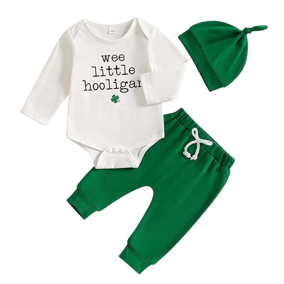 St Patricks Day Boys Outfits Toddler Print Long Sleeve Romper Pants Hat Three Piece Baby St Patricks Day Crew Neck Long Sleeve Full Length Pants Outfit Green 6 Months-12 Months