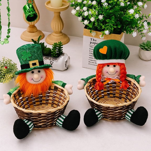 St. Patricks Day Candy Dish,Plush Gnome Four-leaf Basket Cute Snack Sugar Desktop Container Box Shamrock Candy Holder Table Centerpiece Supplies