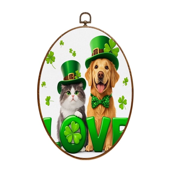 St Patricks Day Canvas Wall Art Cat Dog Green Hats Shamrocks Love Oval Framed Canvas Prints Vintage Wall Hanging Decor for Home Decorations Irish Gifts for Women Kids 8.6"x11.4"