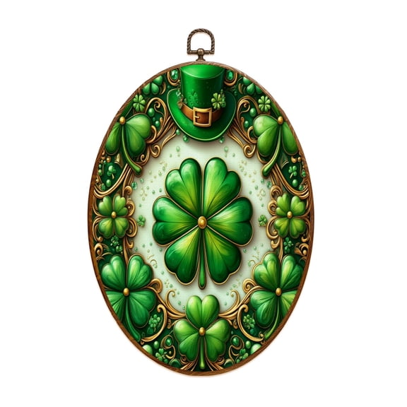 St Patricks Day Canvas Wall Art Clover Leprechaun Hat Shamrocks Oval Framed Canvas Prints Vintage Wall Hanging Decor for Home Decorations Irish Gifts for Women Kids 8.6"x11.4"