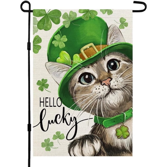 St Patricks Day Cat Garden Flag Lucky Shamrock 12x18 Inch Double Sided for Outside Small Burlap Clovers Holiday Yard Flag