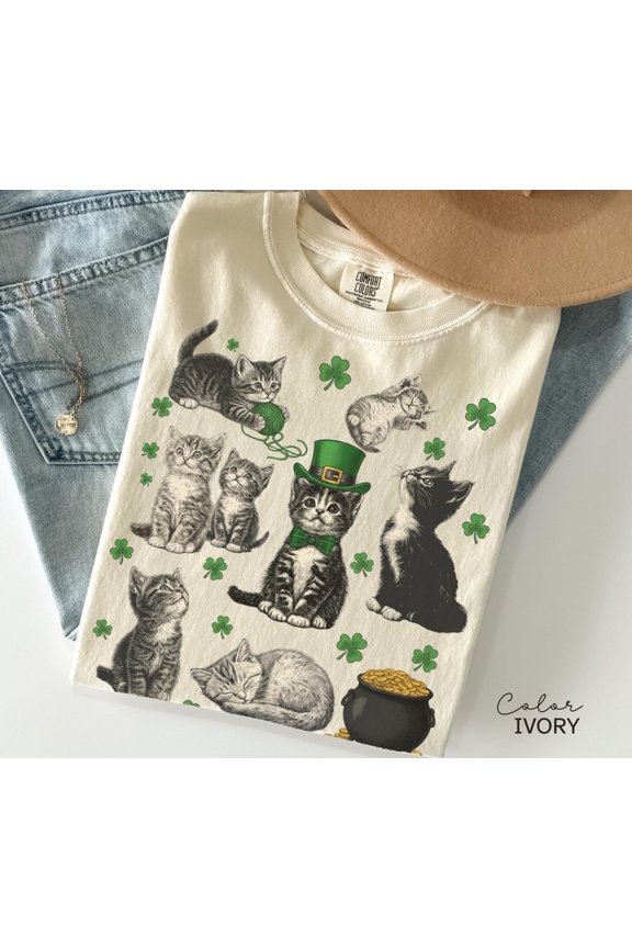 St Patricks Day Cat Kitten Shirt Lucky Shamrock Cute Saint Patricks Party Tee Kitten TShir
