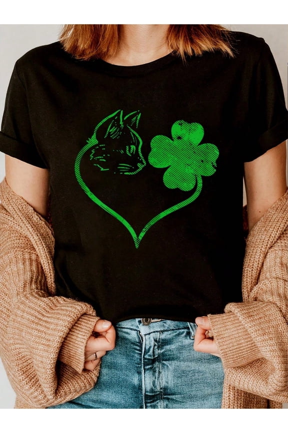 St Patricks Day Cat Lover Clover Heart Print Women Short Sleeve Graphic Tee