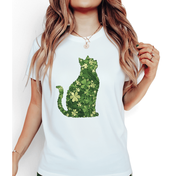 St Patricks Day Cat Print Tshirt Graphic Tees White Shirts S-5XL Womens Shamrock Irish Holiday Tops