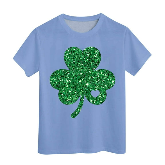 St Patricks Day Childrens Printed Shirt Round Neck Short Sleeved T Shirt for Boys and Girls Casual Top for Festivities,10-11 Years,Light Blue