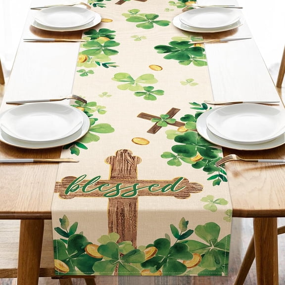 St Patricks Day Christian Cross Table Runner, Religious Blessed Lucky Shamrock Clover Kitchen Dining Table Decoration, Irish Spring Burlap Indoor Outdoor Home Decor Party Supply 13 x 36 Inches