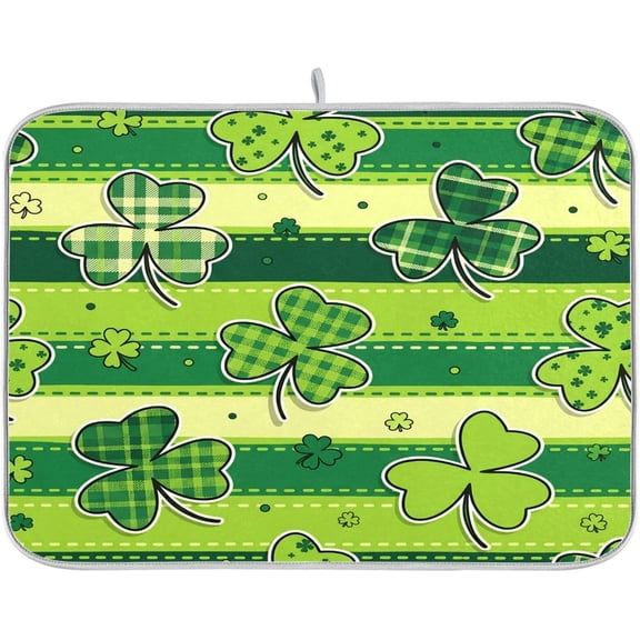 St. Patricks Day Clover Dish Drying Mat, Absorbent Heat Resistant, 16 x 18 inch Dish Drainer for Kitchen Countertop, Dining Table