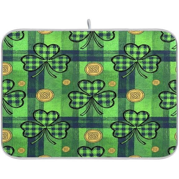 St. Patricks Day Clover Dish Drying Mat, Absorbent Heat Resistant, 18 x 24 inch Dish Drainer for Kitchen Countertop, Dining Table