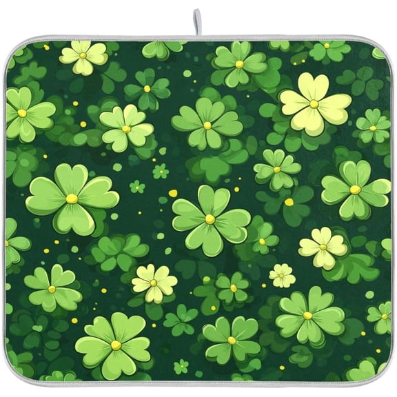 St. Patricks Day Clover Dish Drying Mat - Heat-Resistant & Absorbent Microfiber, Quick-Dry Kitchen Countertop Mat, 16x18 Inches(431)